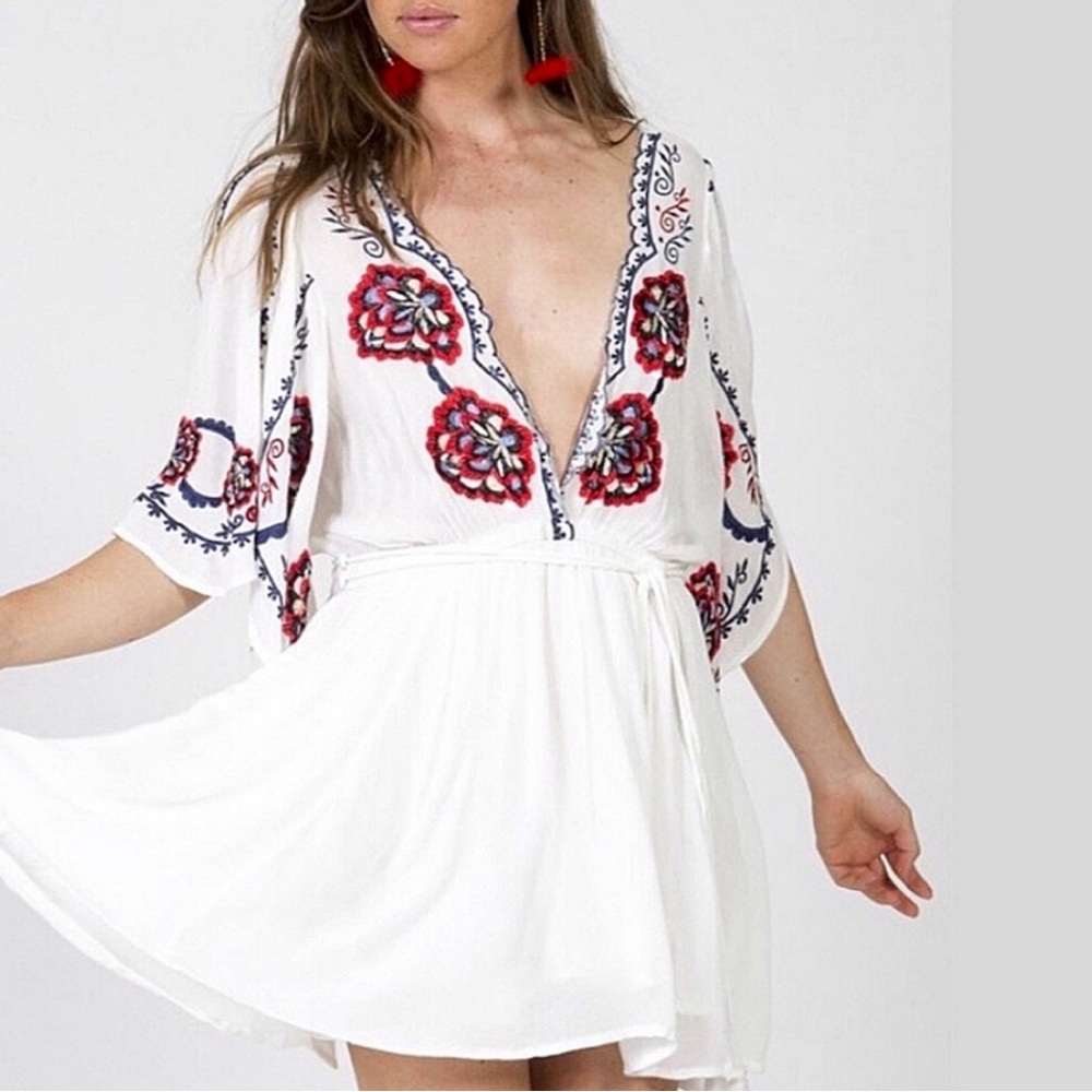 Free People White Mini Dress with Red & Navy Embroidery - Picture 3 of 8
